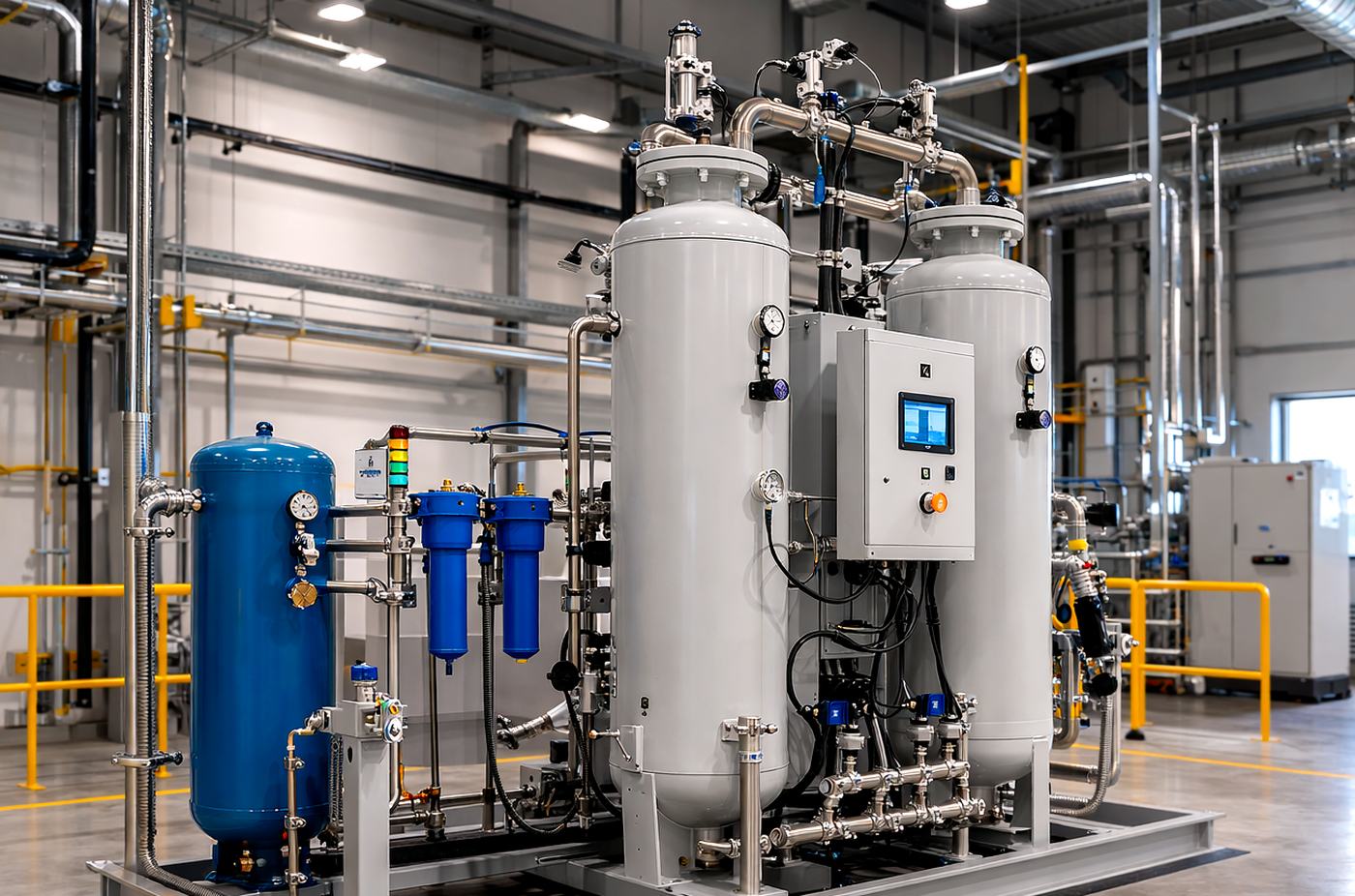 Planta de generación de gas por adsorción (PSA) con torres de tamiz molecular, tanque pulmón, filtración y panel de control